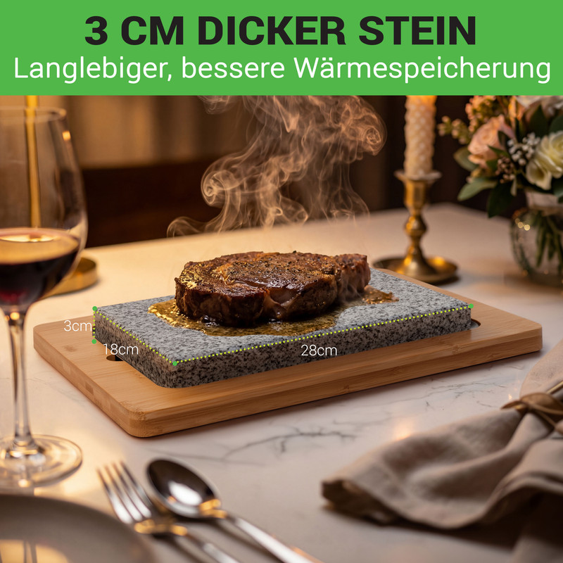 Ein gebratenes Steak auf einem heißen Stein mit Rauch.