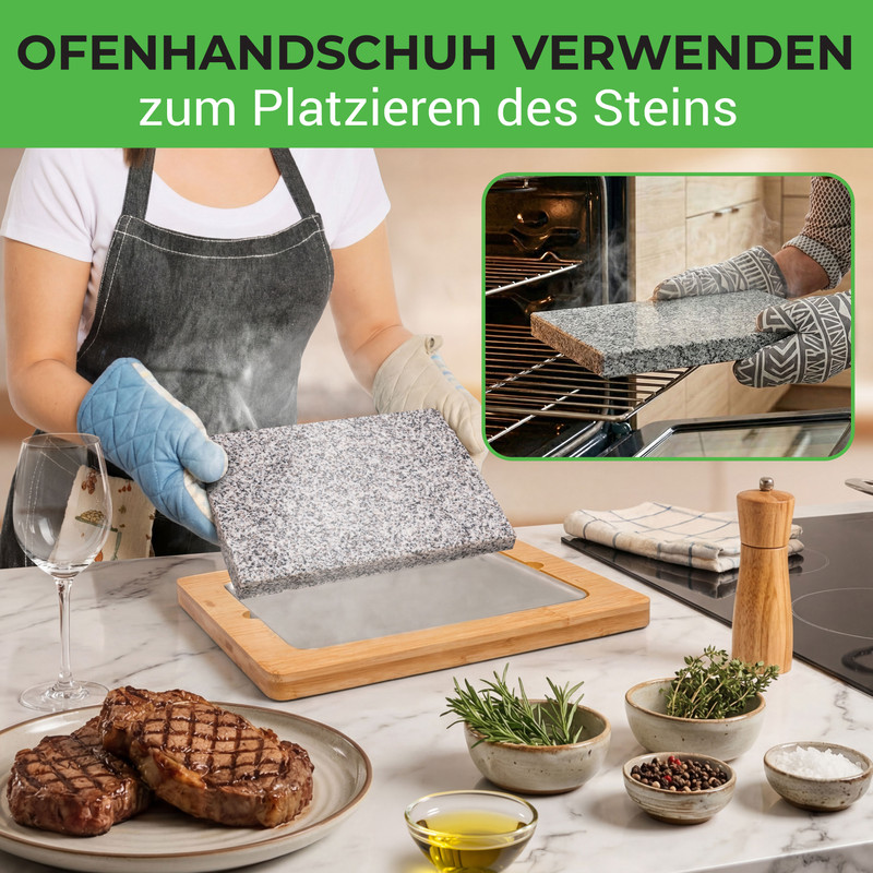 Granitplatte mit Ofenhandschuhen in einen Ofen schieben, neben Steaks.