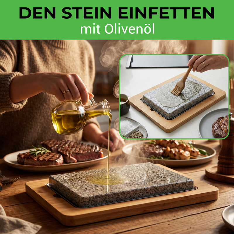Olivenöl wird auf heißen Stein gegossen, neben Steaks und Spießen.