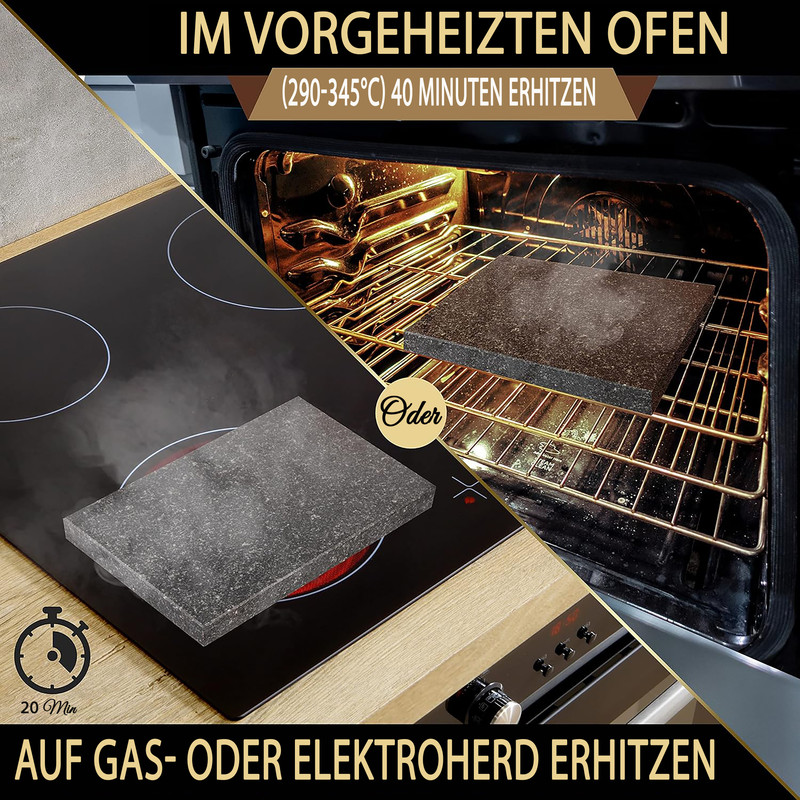 Grauer Stein wird auf einem Kochfeld und im Ofen erhitzt.