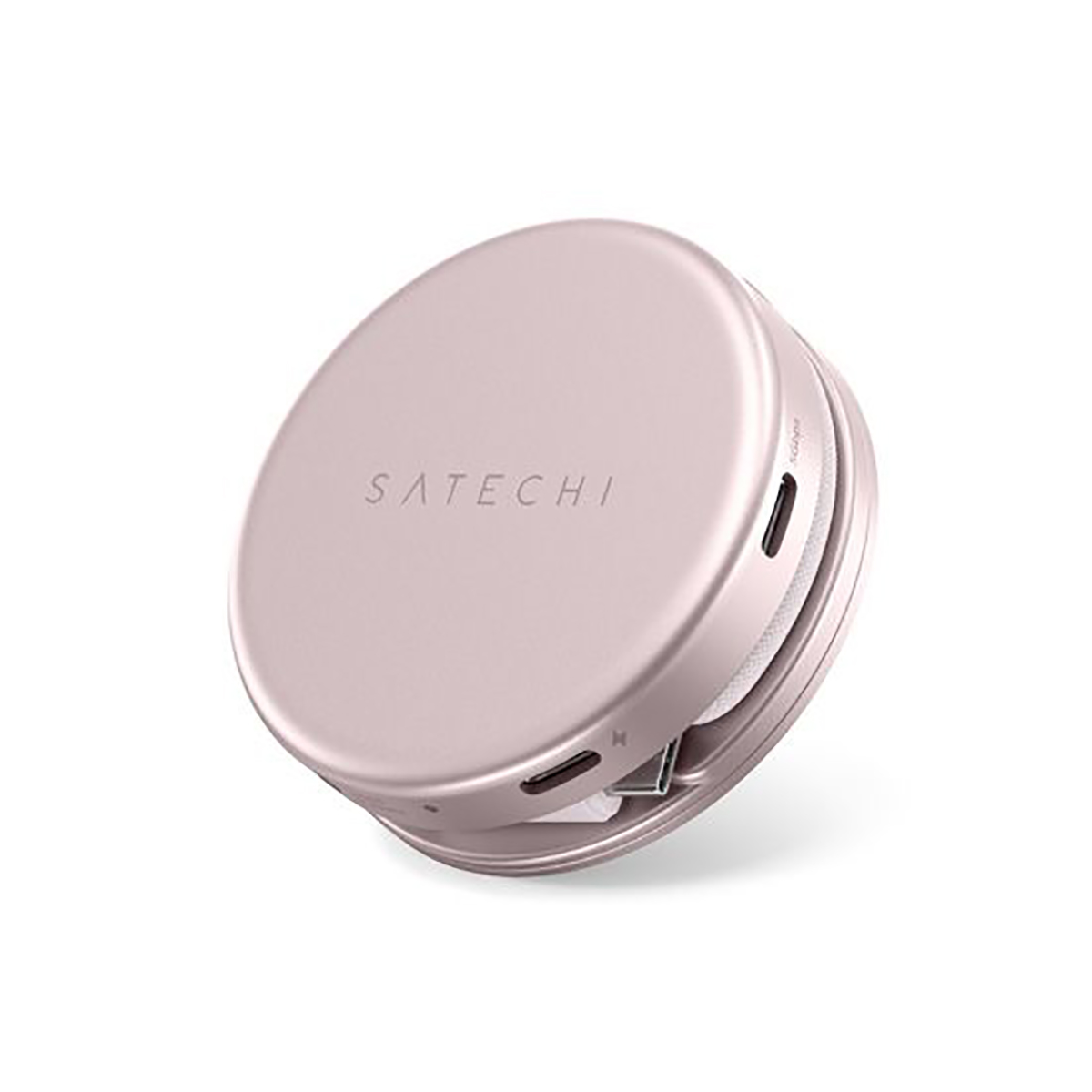 Różowo-złote urządzenie Satechi z portami USB-C i USB-A na białym tle.