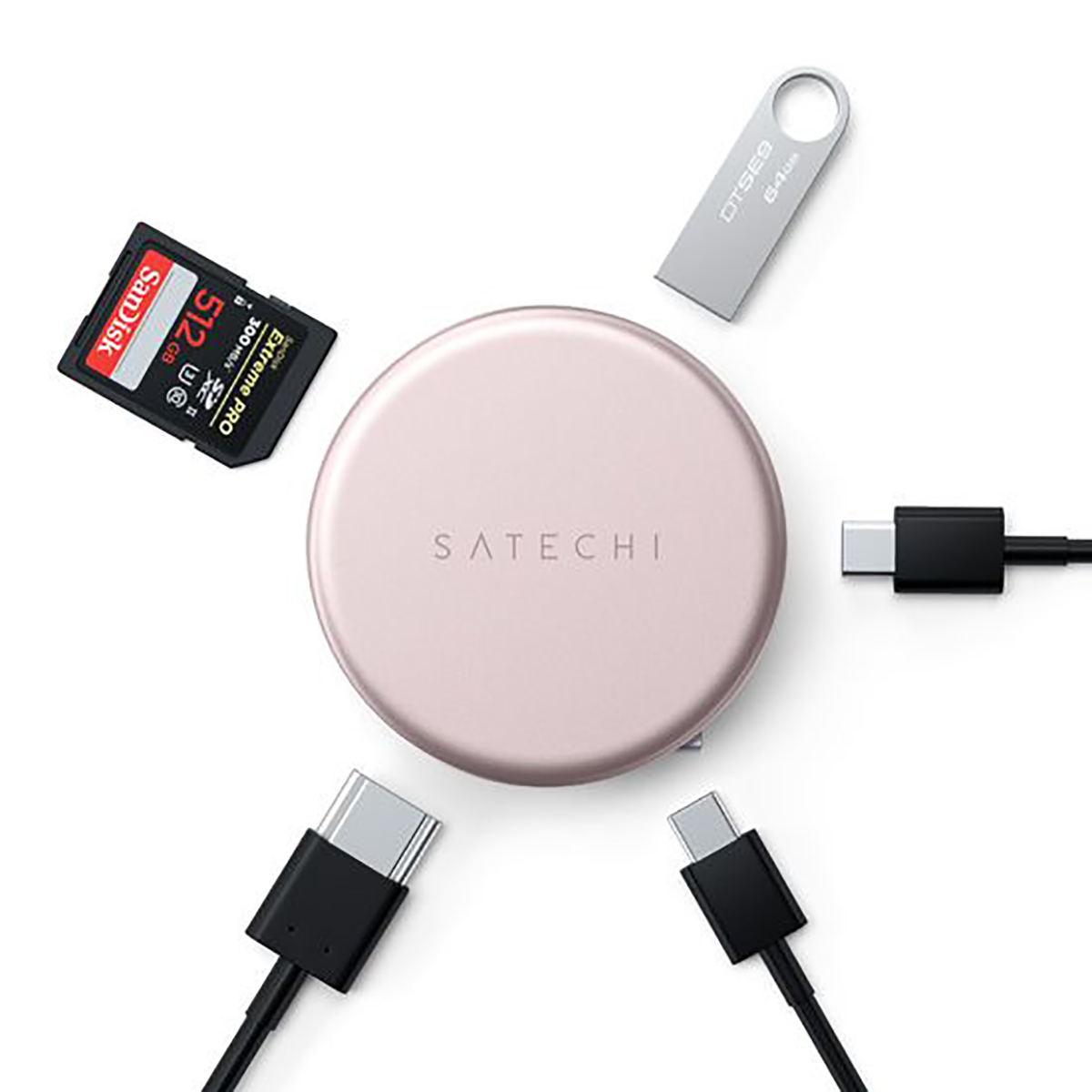 Różowy hub Satechi z kartą SD, pendrivem i kablami USB-C.