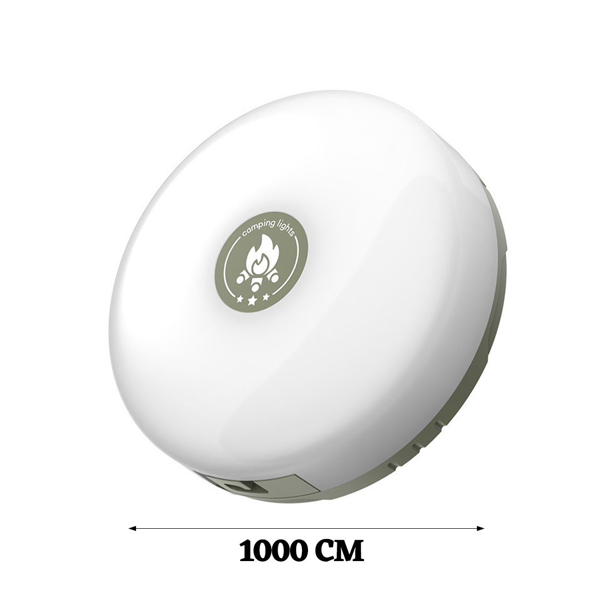 Eine weiße, runde Campinglampe mit einem Logo und der Aufschrift 1000 cm.