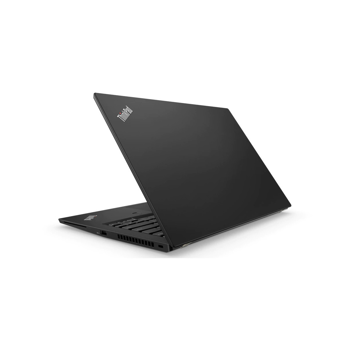 Schwarzer Laptop mit geöffnetem Deckel, Tastatur und ThinkPad-Logo.