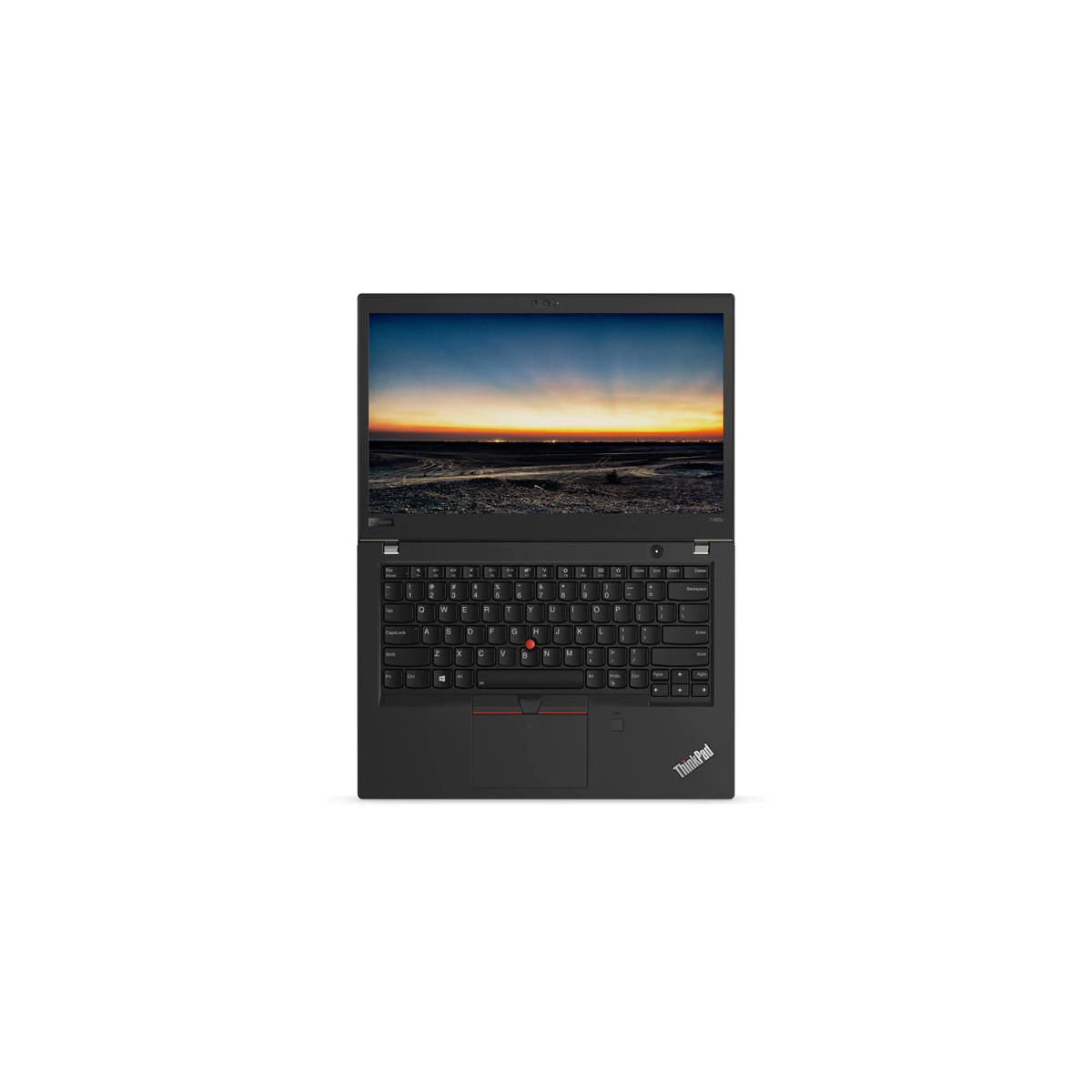 Ein schwarzer Laptop mit Tastatur und Bildschirm, der einen Horizont mit Sonnenuntergang zeigt.