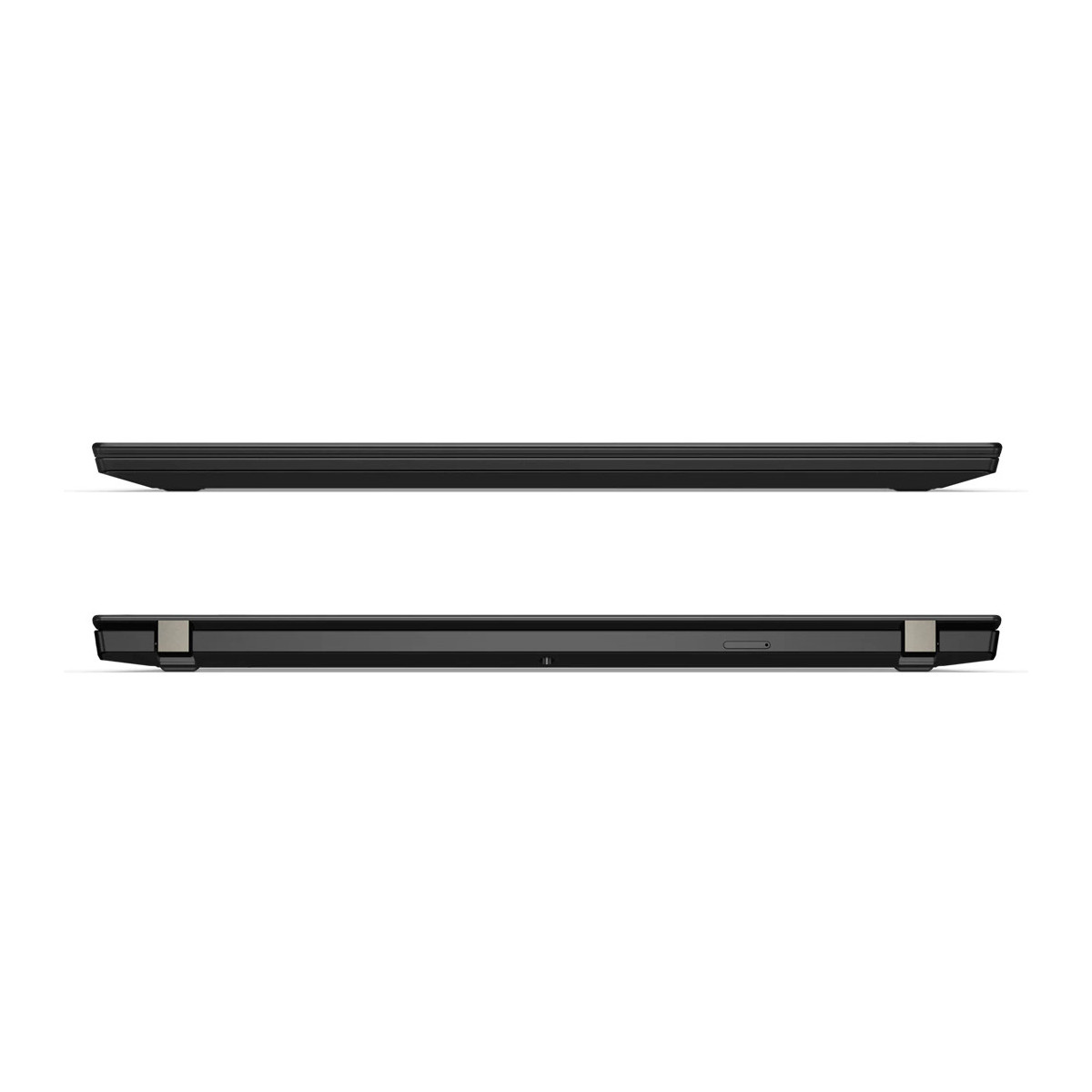 Zwei Ansichten eines geschlossenen schwarzen Laptops auf weißem Hintergrund.