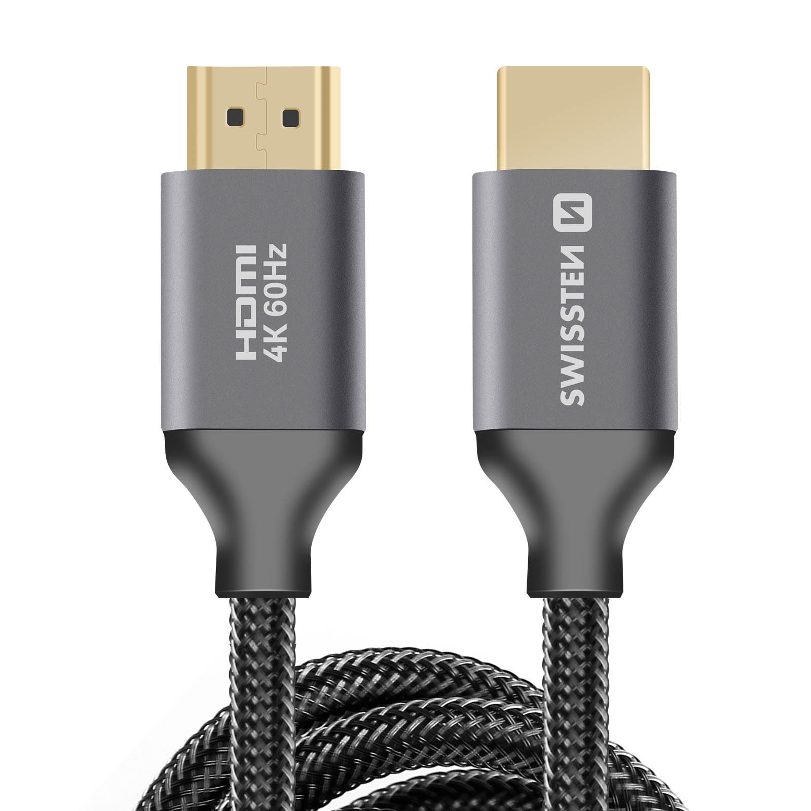 Graues HDMI-Kabel mit goldenen Anschlüssen, 4K 60Hz.