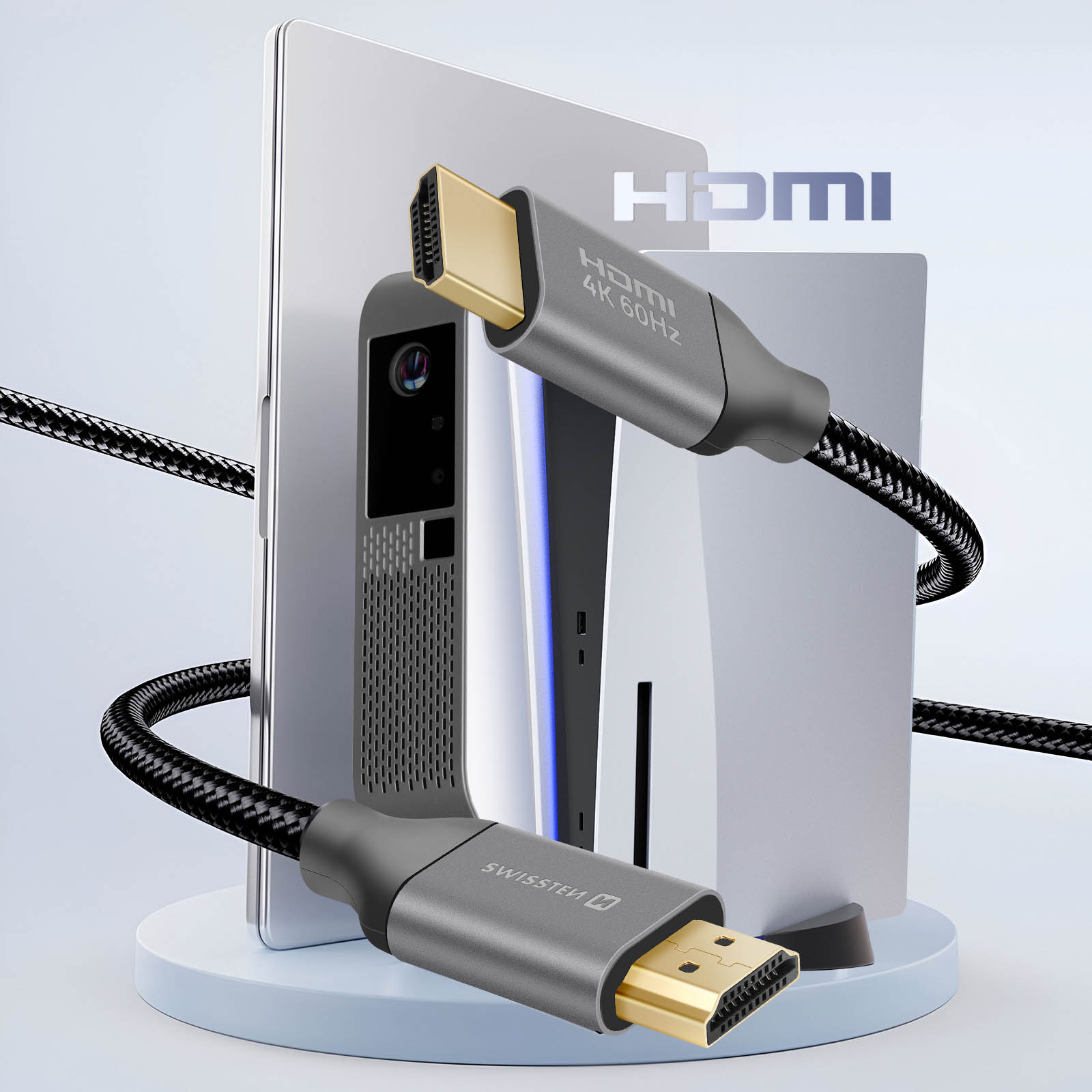 Ein graues HDMI 4K 60Hz Kabel mit goldenen Steckern wird neben einer weißen Spielekonsole gezeigt.