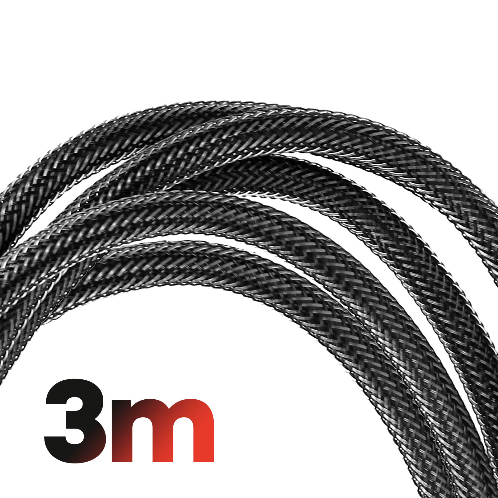 Schwarzes, geflochtenes Kabel mit rotem Schriftzug "3m" auf weißem Hintergrund.