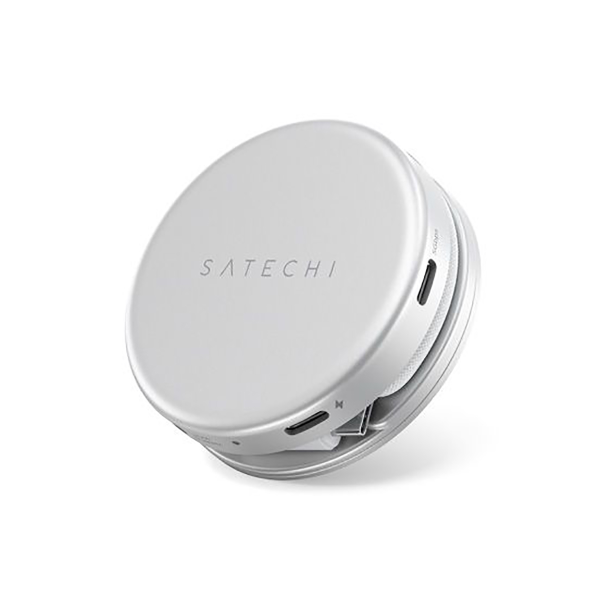 Ein silbernes Satechi-Gerät mit USB-C-Anschlüssen, auf weißem Hintergrund.