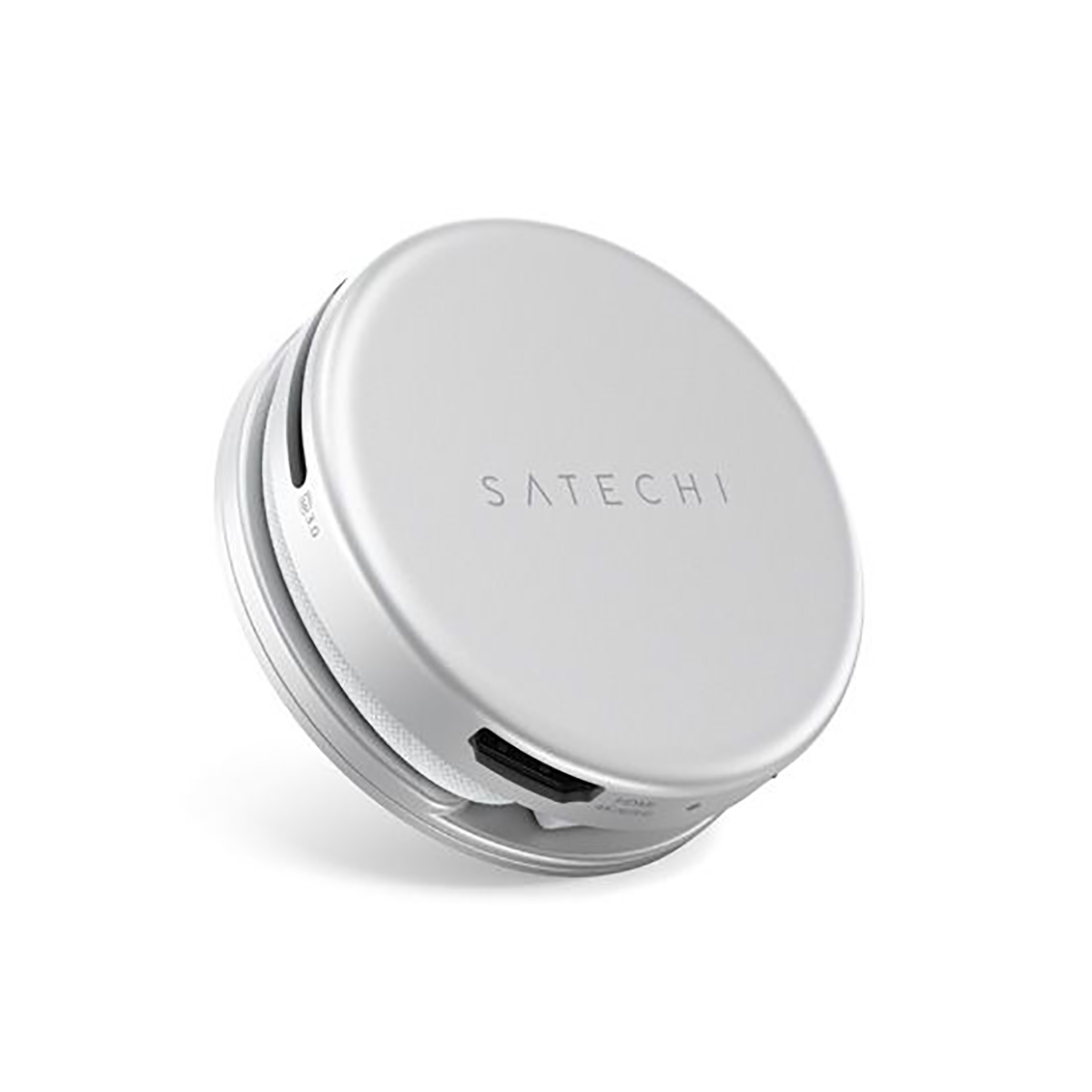 Ein silberner Satechi USB-C-Hub mit Anschlüssen.