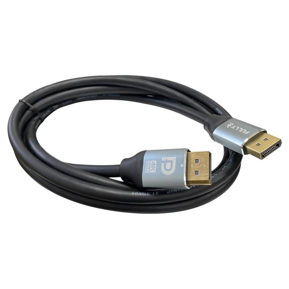 Altın konektörlü siyah DisplayPort kablosu. "4K UHD" ve "FULLY" logoları görünür.