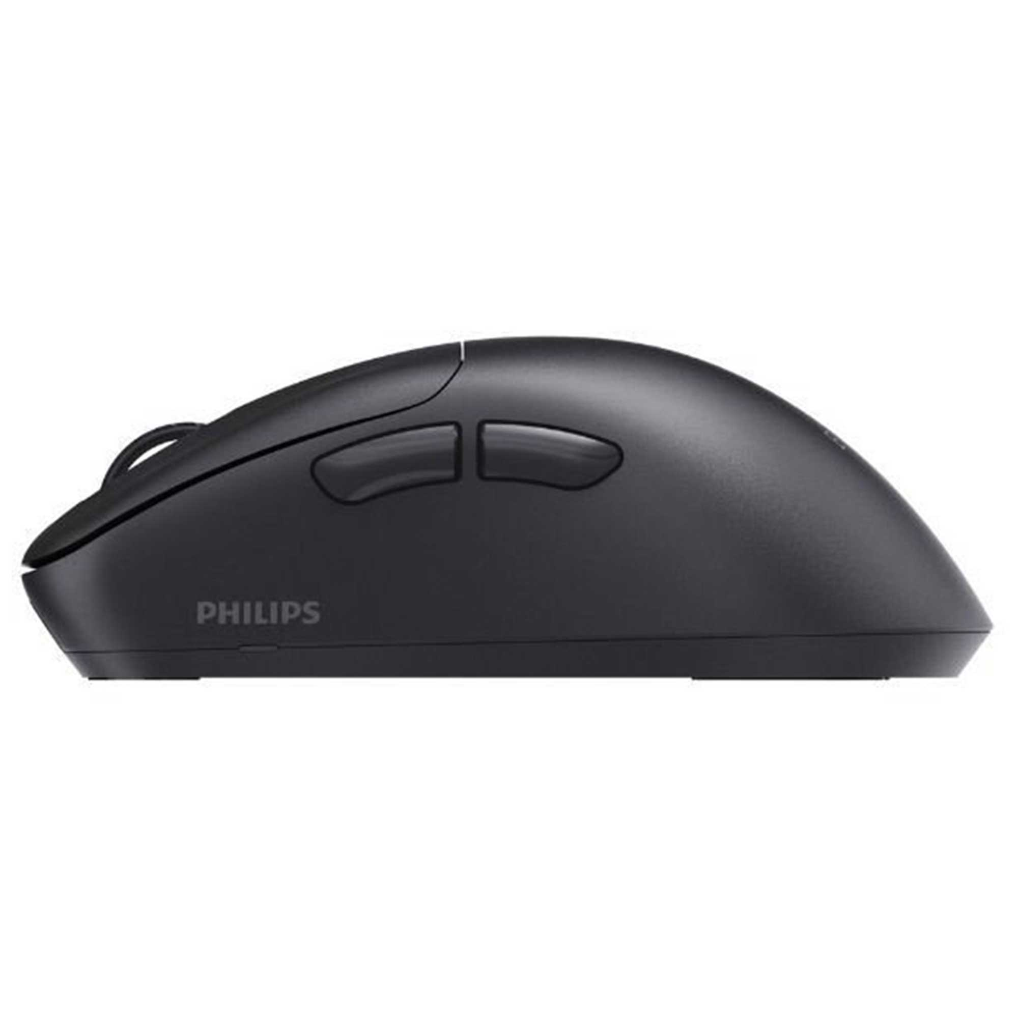 Yan taraftan gösterilen, iki düğmeli ve kaydırma tekerlekli siyah Philips bilgisayar faresi.
