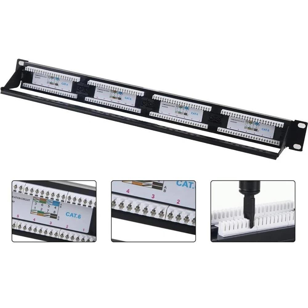 Birden fazla CAT.6 patch panel içeren siyah rack montaj paneli. Yakın çekimler etiketleri ve konnektörleri gösterir.
