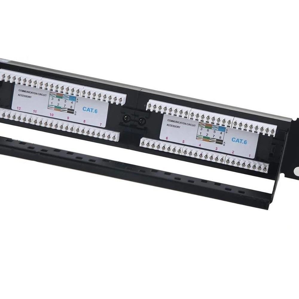 Numaralı portlara ve kablo şemalarına sahip rack tipi CAT.6 patch panel.