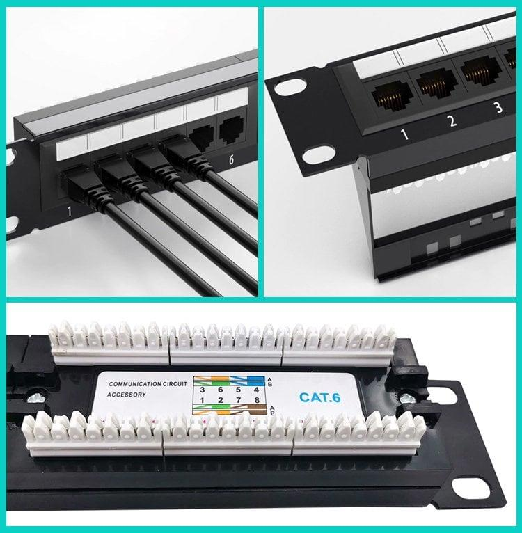 Bağlı Ethernet kabloları ve detaylı görünümüyle ağ yama paneli.