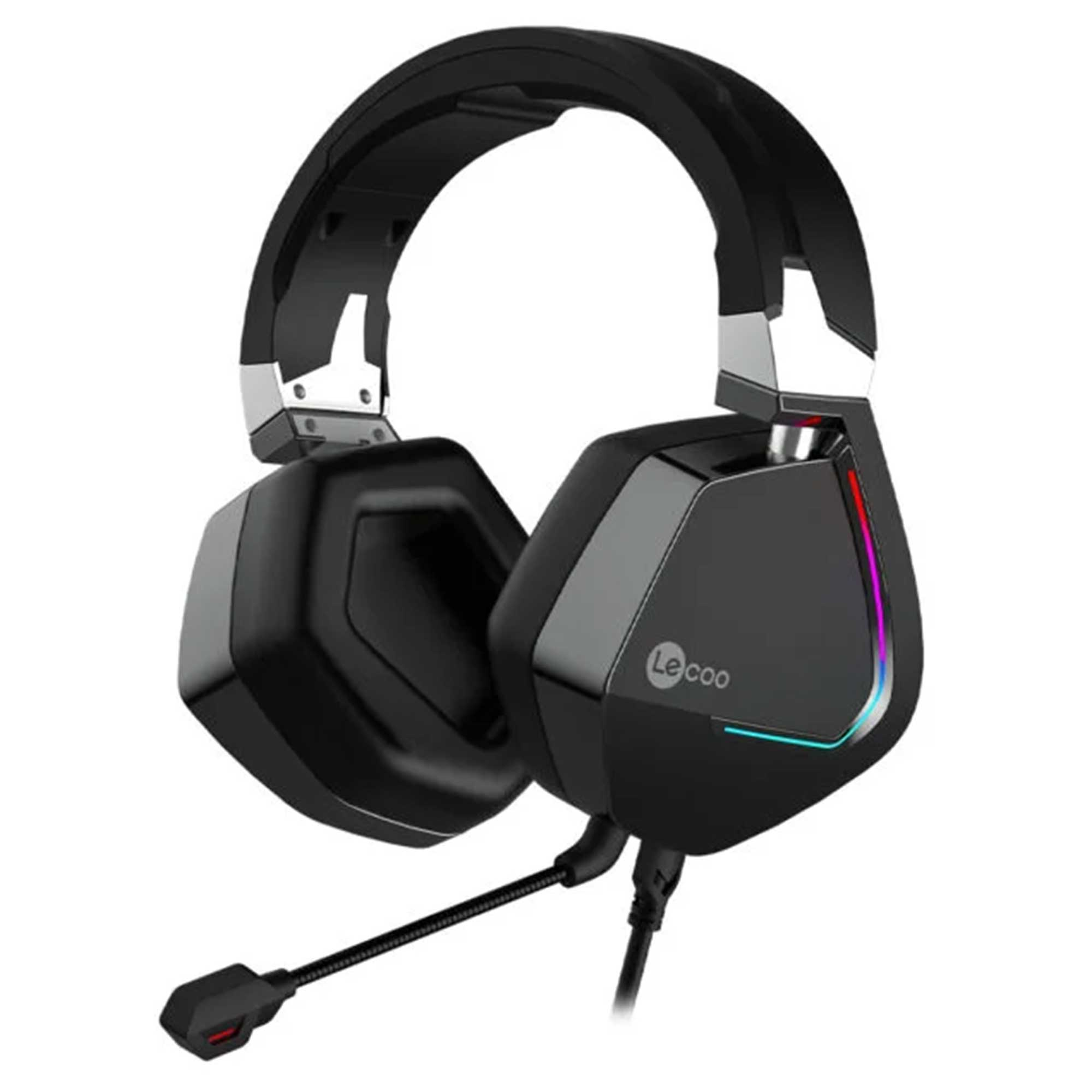Mikrofonlu ve RGB aydınlatmalı siyah oyuncu kulaklığı.