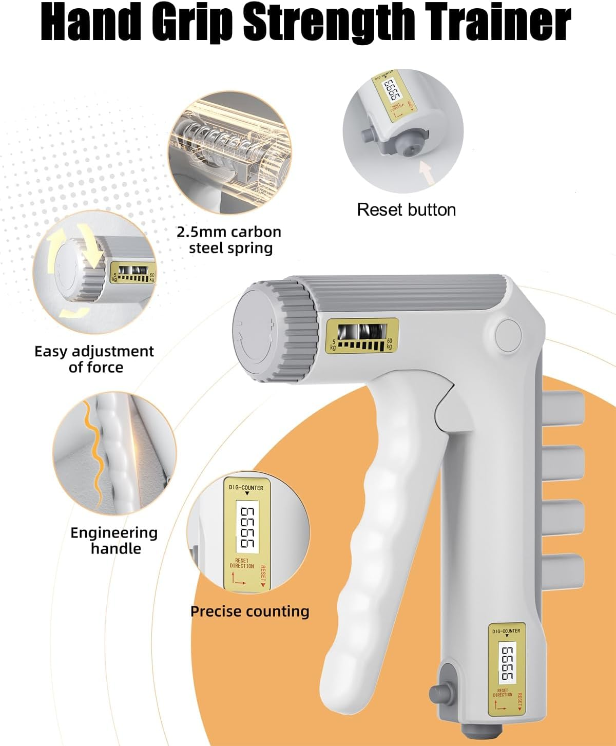 Weißer und grauer Handgriff-Krafttrainer mit digitalem Zähler und verstellbarer Kraft.