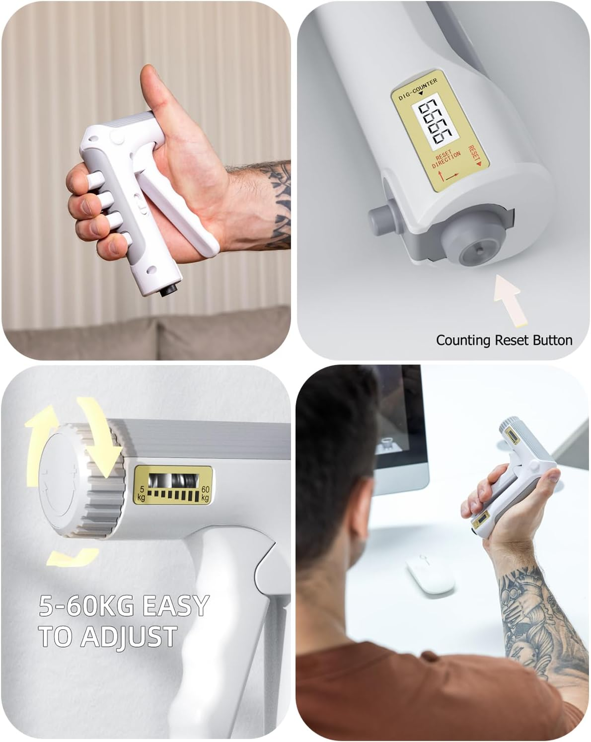 Hand greift ein weißes digitales Zählgerät mit einstellbarem Widerstand von 5-60 kg.