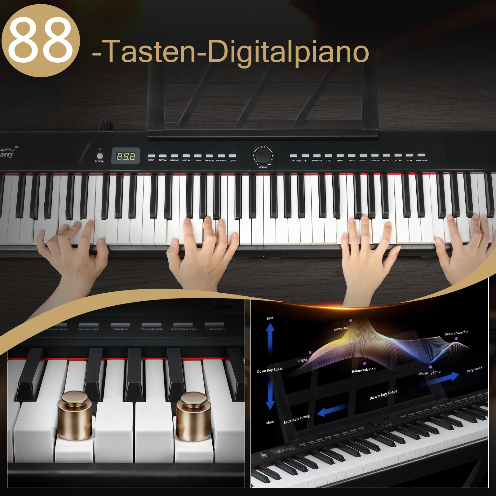 Ein 88-Tasten-Digitalpiano mit Händen, die spielen, und einer Klanggrafik.