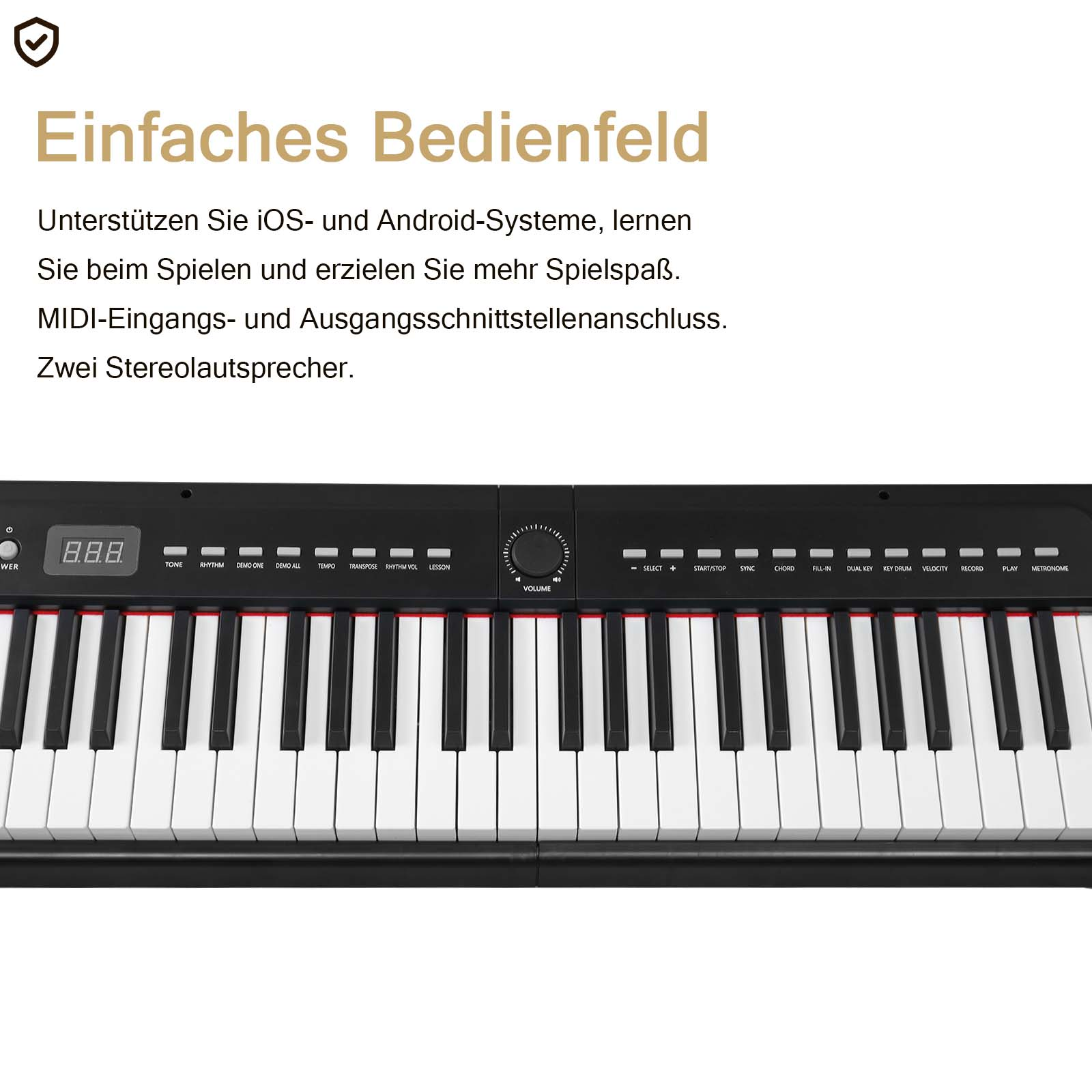 Ein schwarzes Keyboard mit weißen und schwarzen Tasten und Bedienelementen.