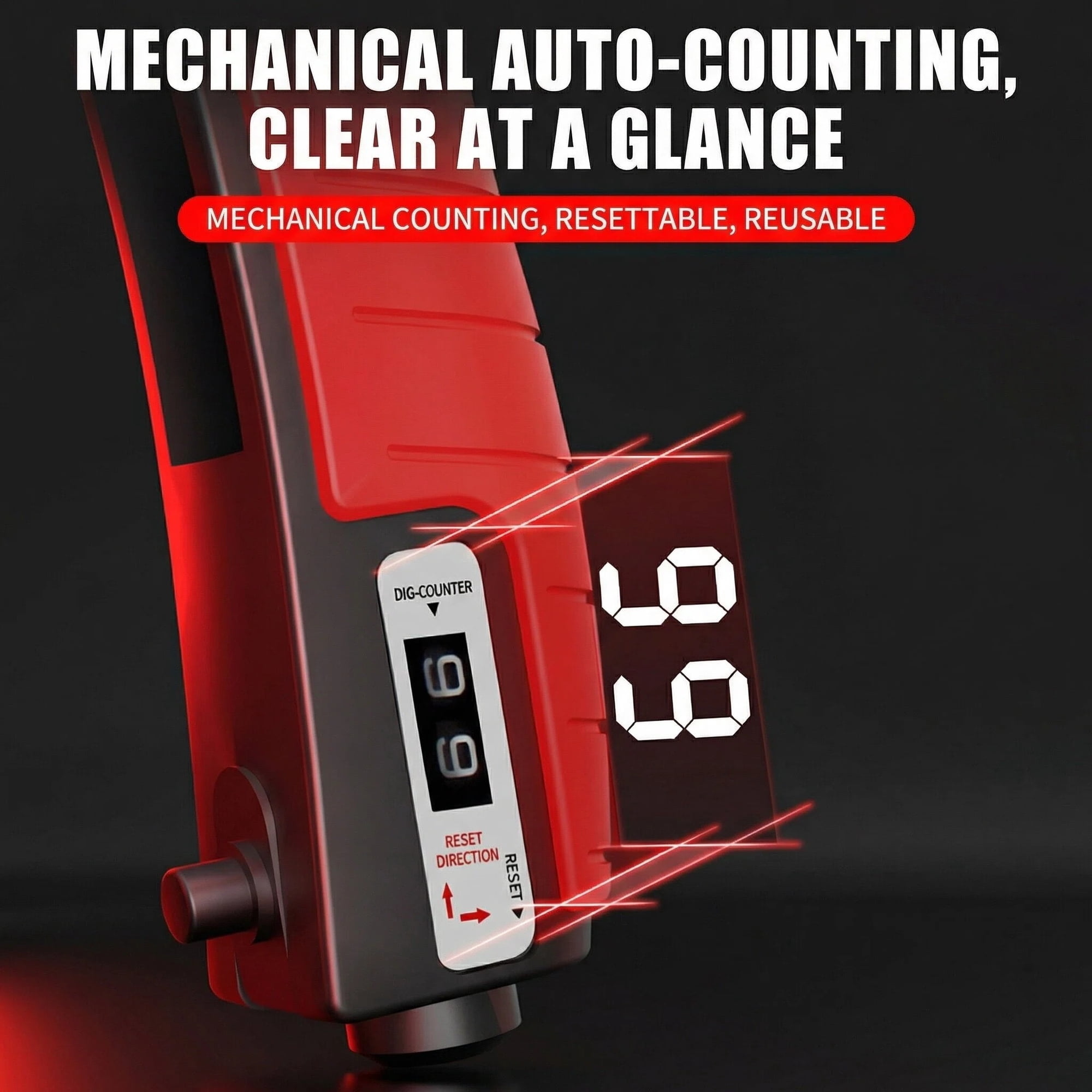 Ein roter mechanischer Zähler mit digitaler Anzeige zeigt 99 an.