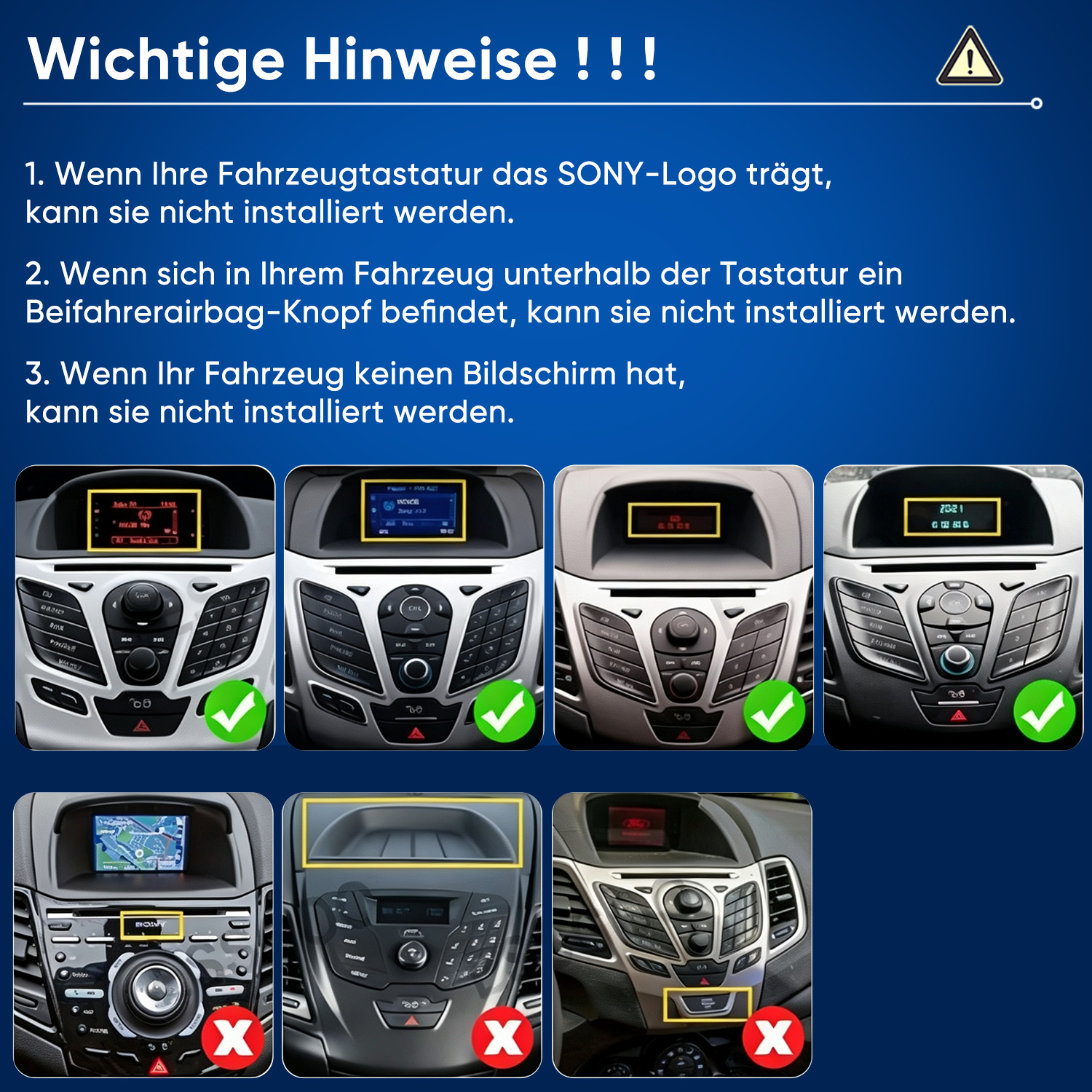 Anleitung zur Fahrzeug-Kompatibilität mit Bildern von Armaturenbrettern.
