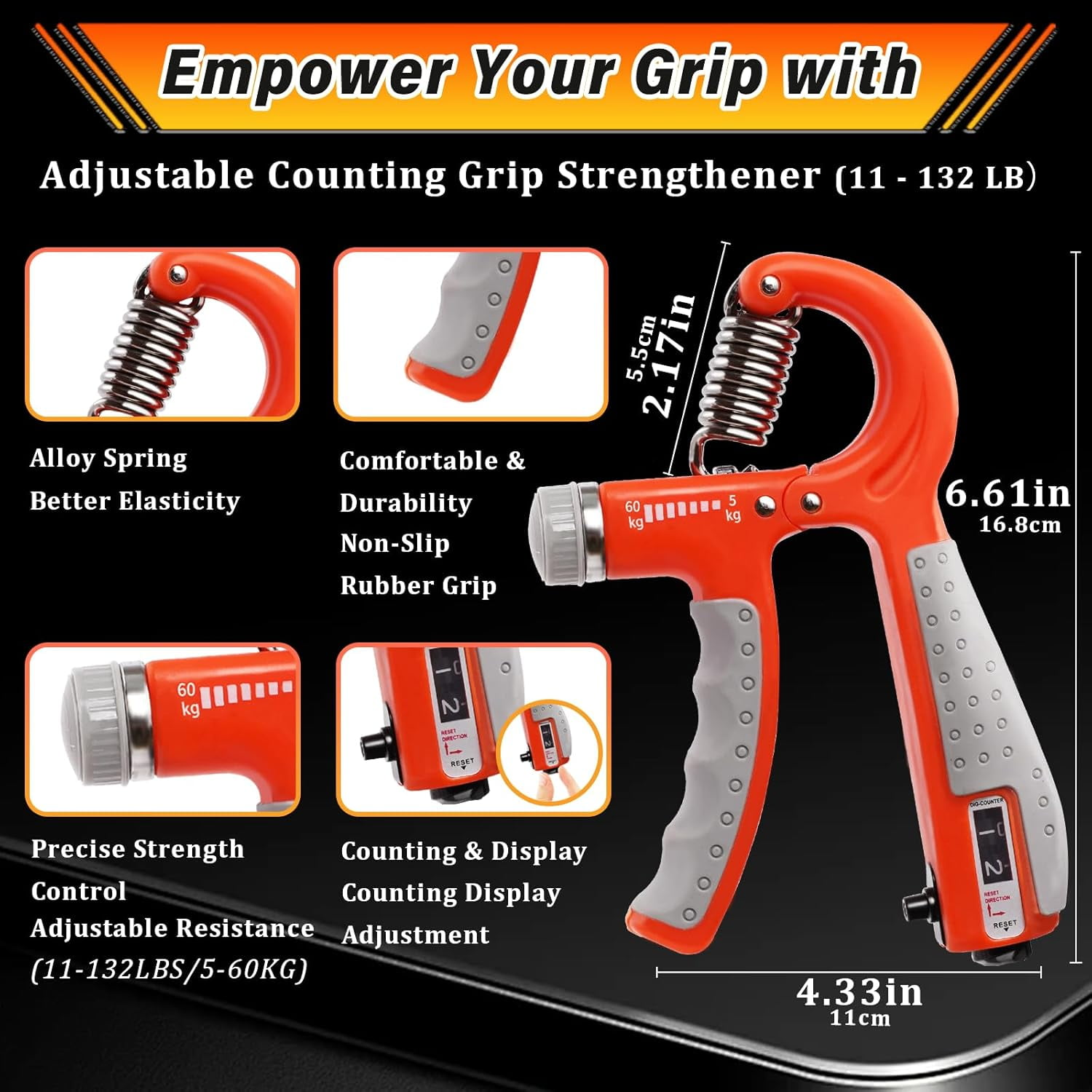 Roter und grauer Handtrainer mit Metallfeder, Zählwerk und Größenangaben.