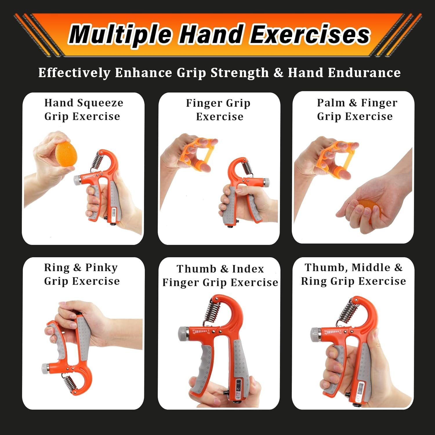 Sechs Handübungen mit Griffstärketrainern: Handquetschen, Finger-, Handflächen-, Ring-, Daumen- und Mittelfingerübungen.