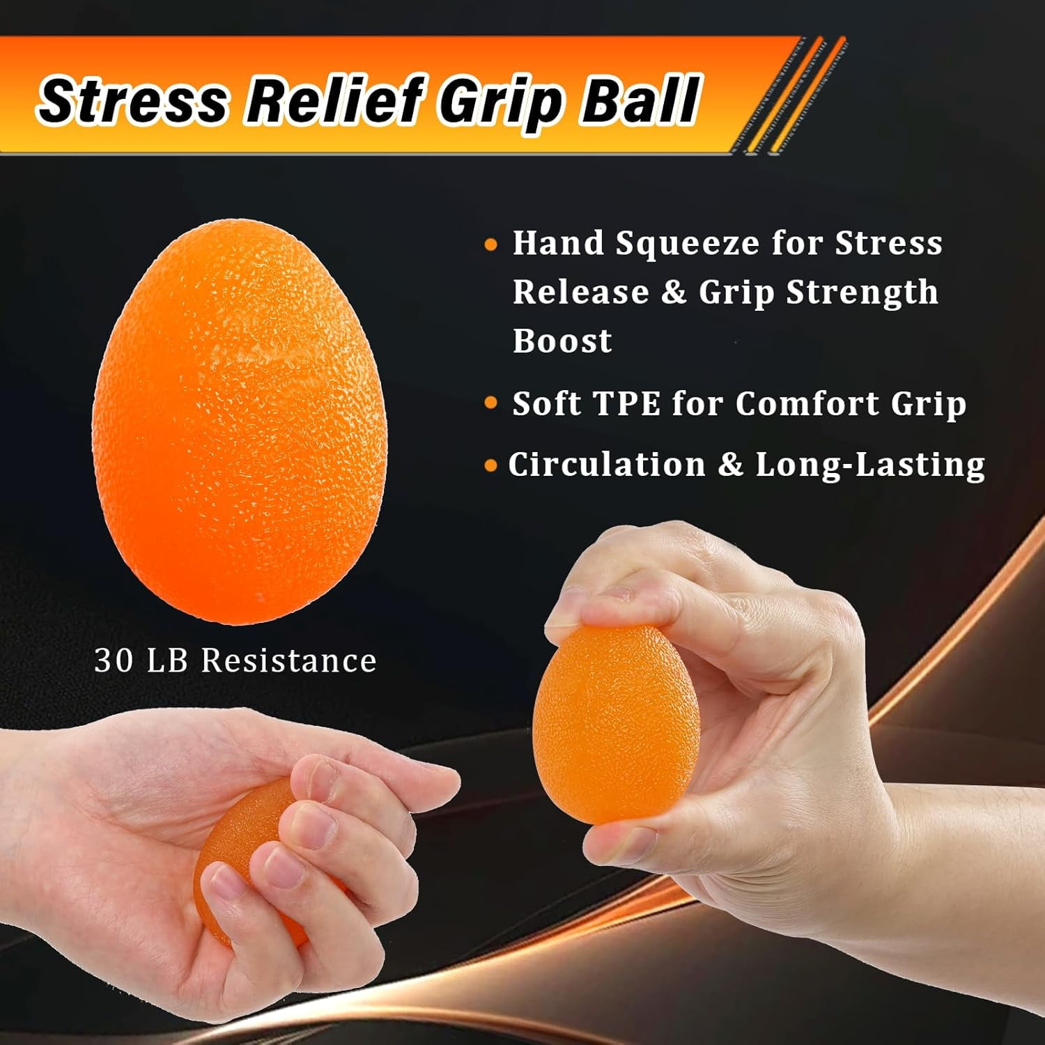 Orange Stressball in Händen, 30 LB Widerstand, für Stressabbau.