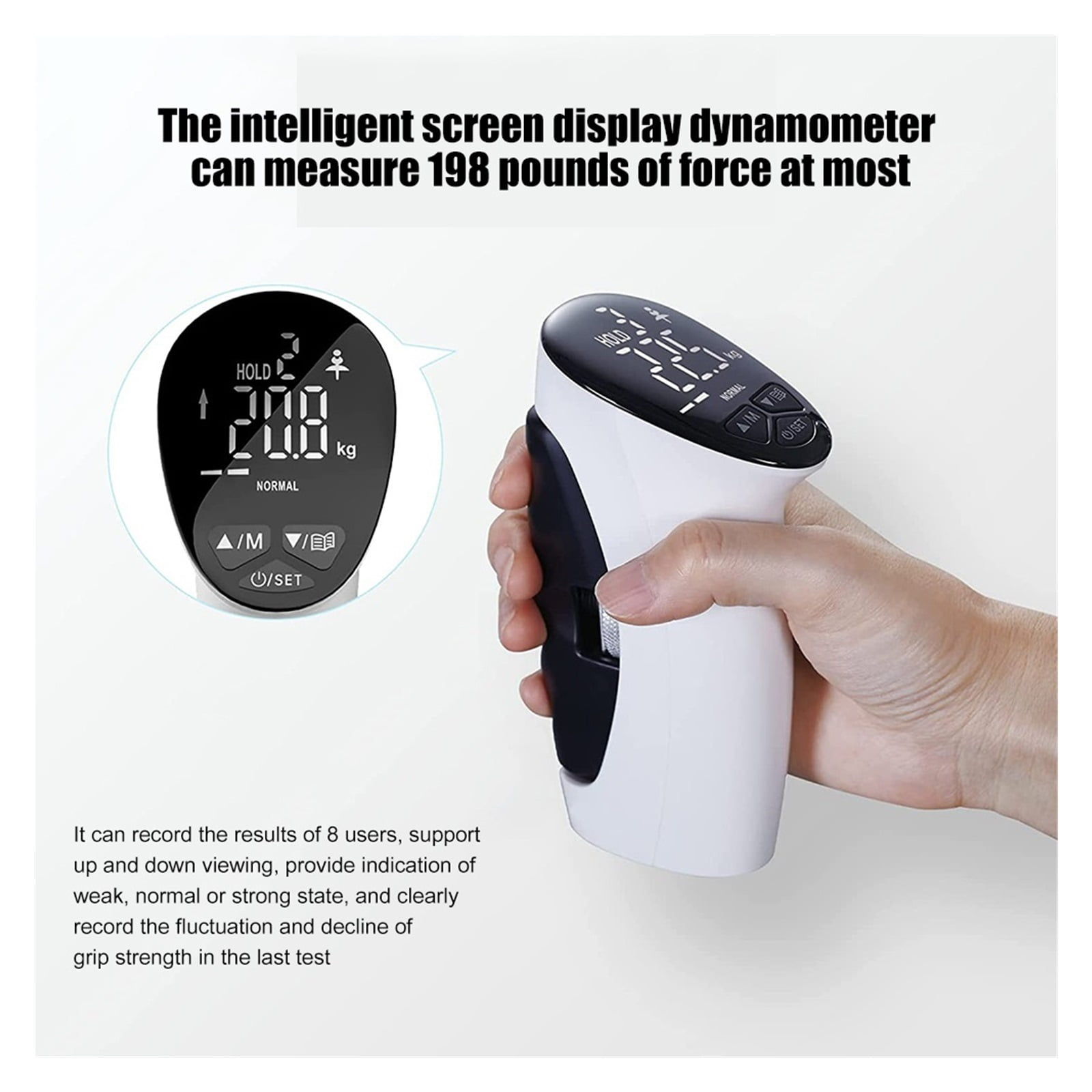 Ein Handdynamometer mit digitalem Display zeigt Kraft an.