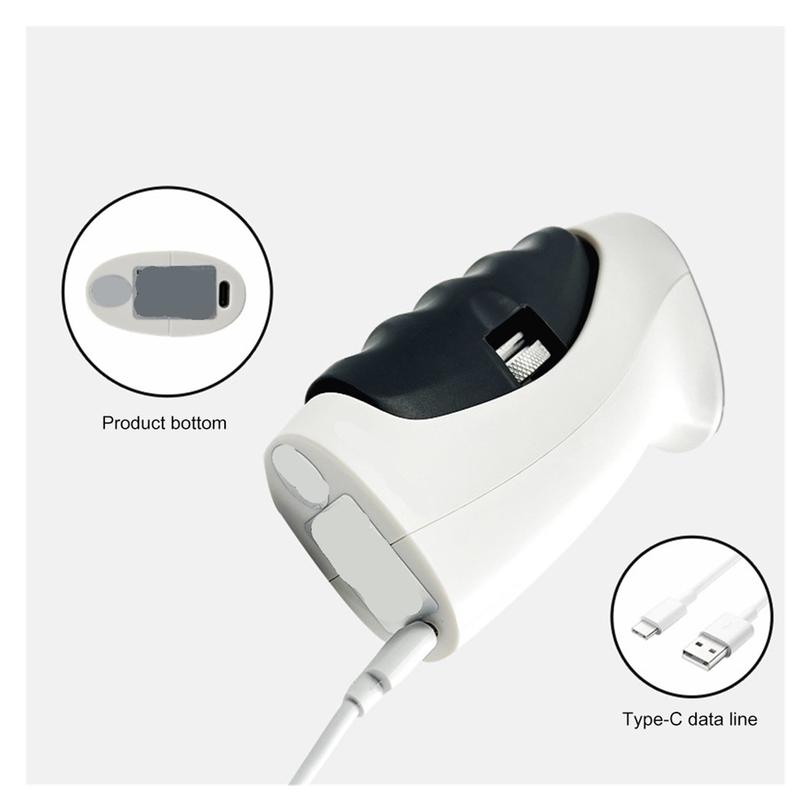 Ein weißes Gerät mit schwarzem Griff, das an ein USB-C-Kabel angeschlossen ist.