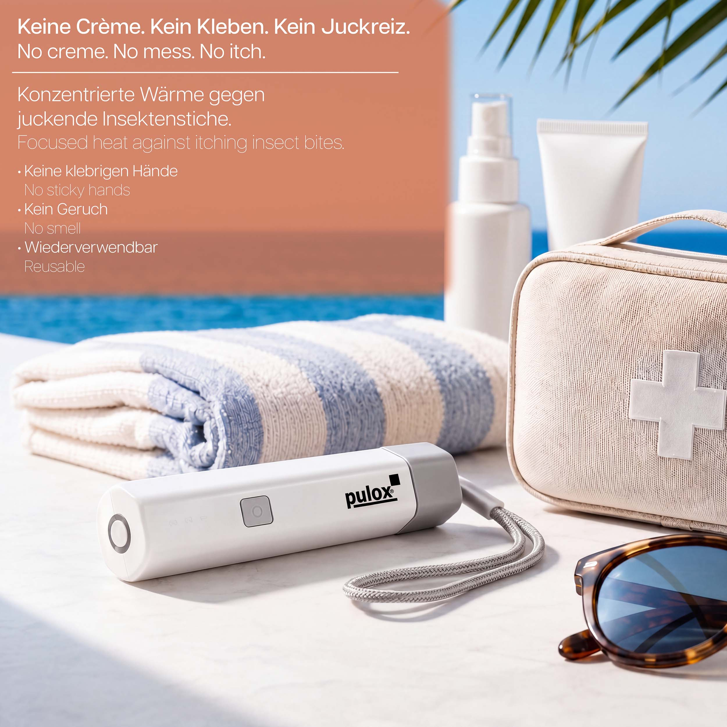 Ein Insektenstichheiler, Reiseapotheke, Handtuch, Sonnenbrille und Sprühflasche am Pool.