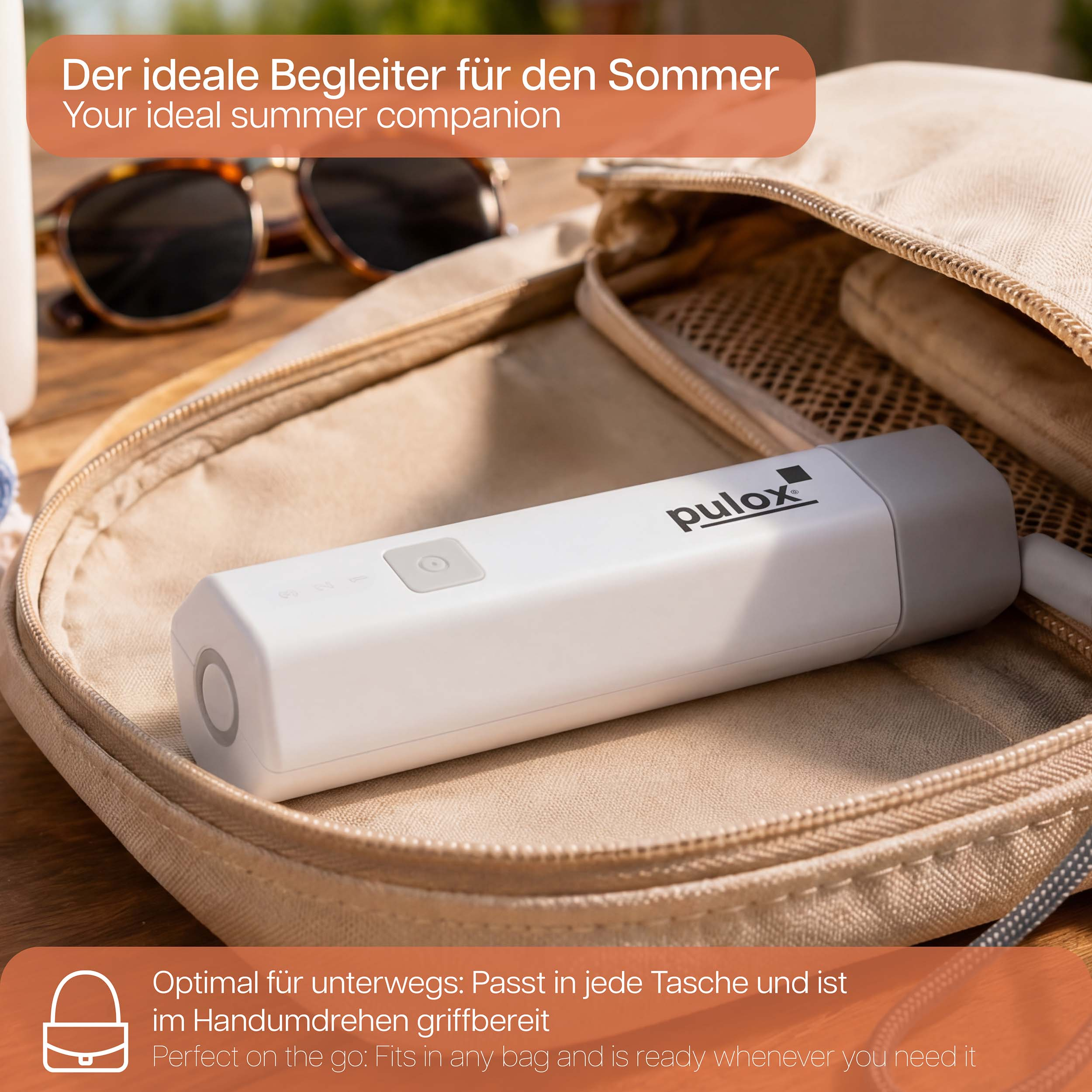 Ein weißes Pulox-Gerät liegt in einer offenen beige Tasche. Sonnenbrille im Hintergrund.