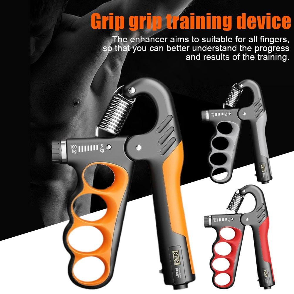 Drei Handgriffstärker: einer orange/schwarz, einer grau, einer rot/schwarz. Digitalzähler.