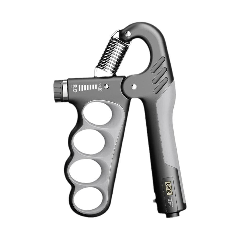 Grauer Handtrainer mit digitaler Anzeige und einstellbarem Widerstand.