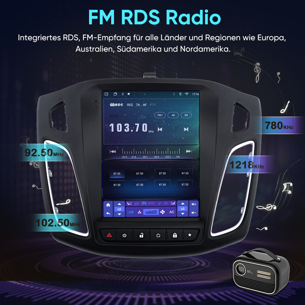 Ein modernes FM RDS Radio mit Touchscreen, zeigt 103.70 MHz an. Kleine Retro-Radio-Einheit.