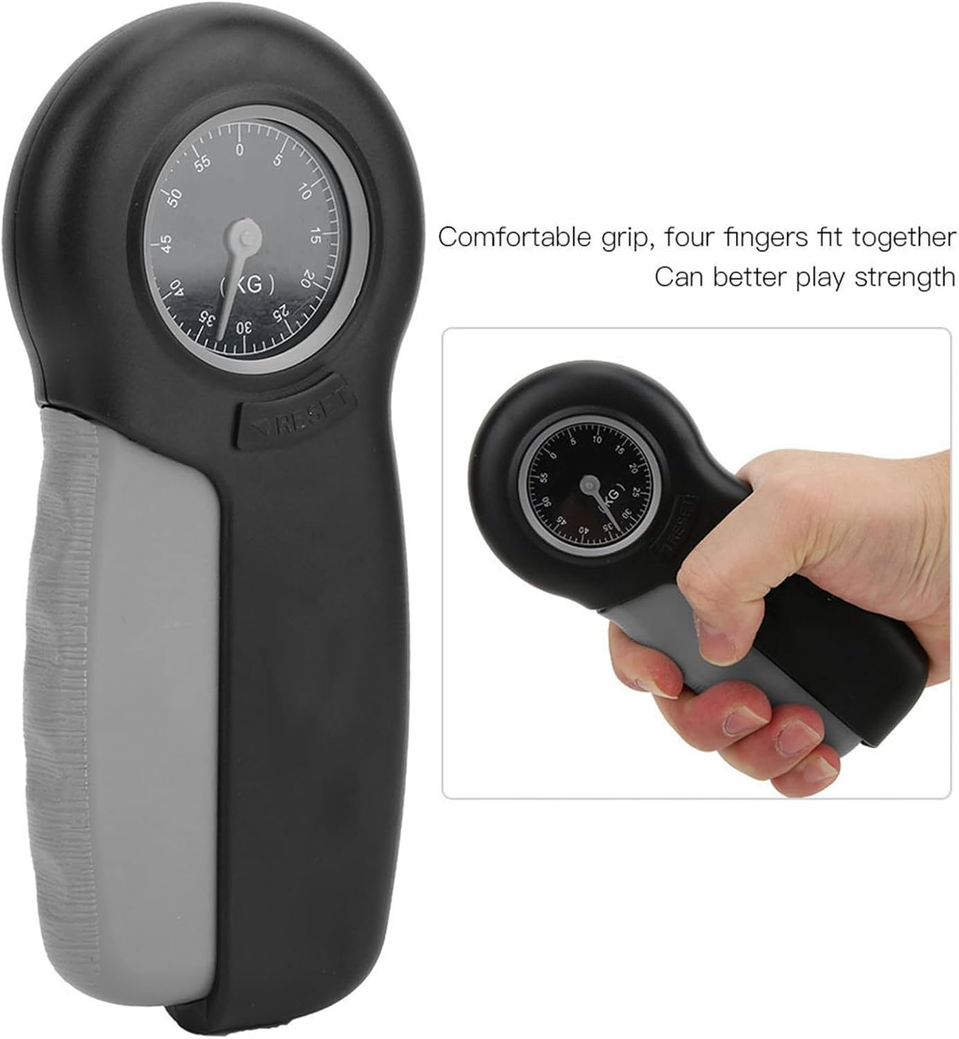 Handdynamometer mit schwarzem und grauem Griff und Skala von 0 bis 55 kg.