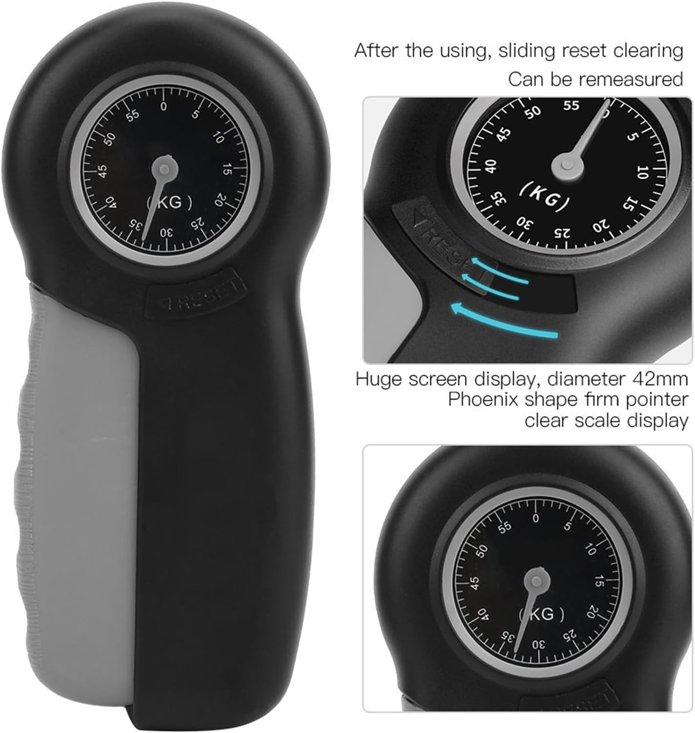 Schwarz-grauer Handdynamometer mit klarer Kilogramm-Anzeige und Reset-Taste.