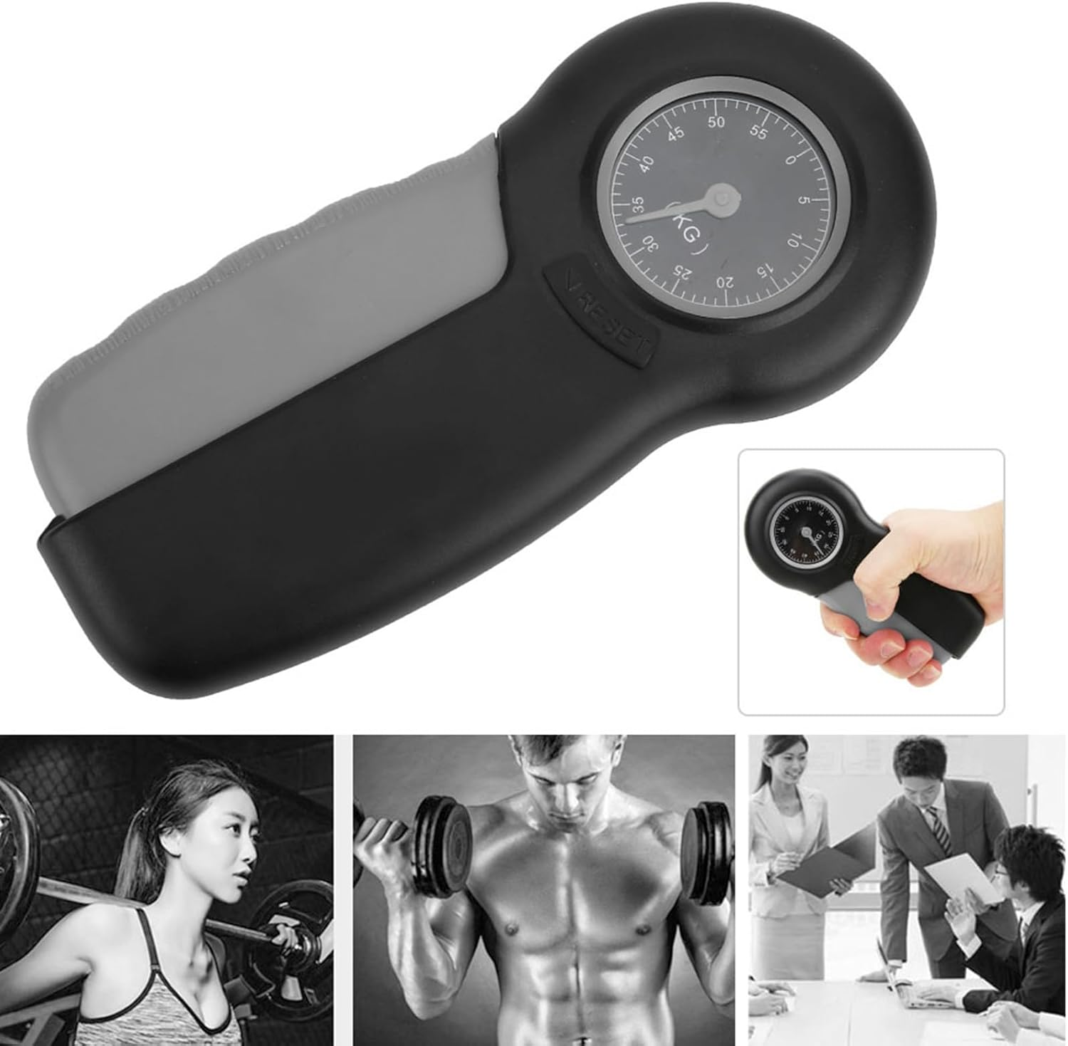 Handdynamometer mit Skala von 0-55 kg, daneben Fitness- und Büroszenen.