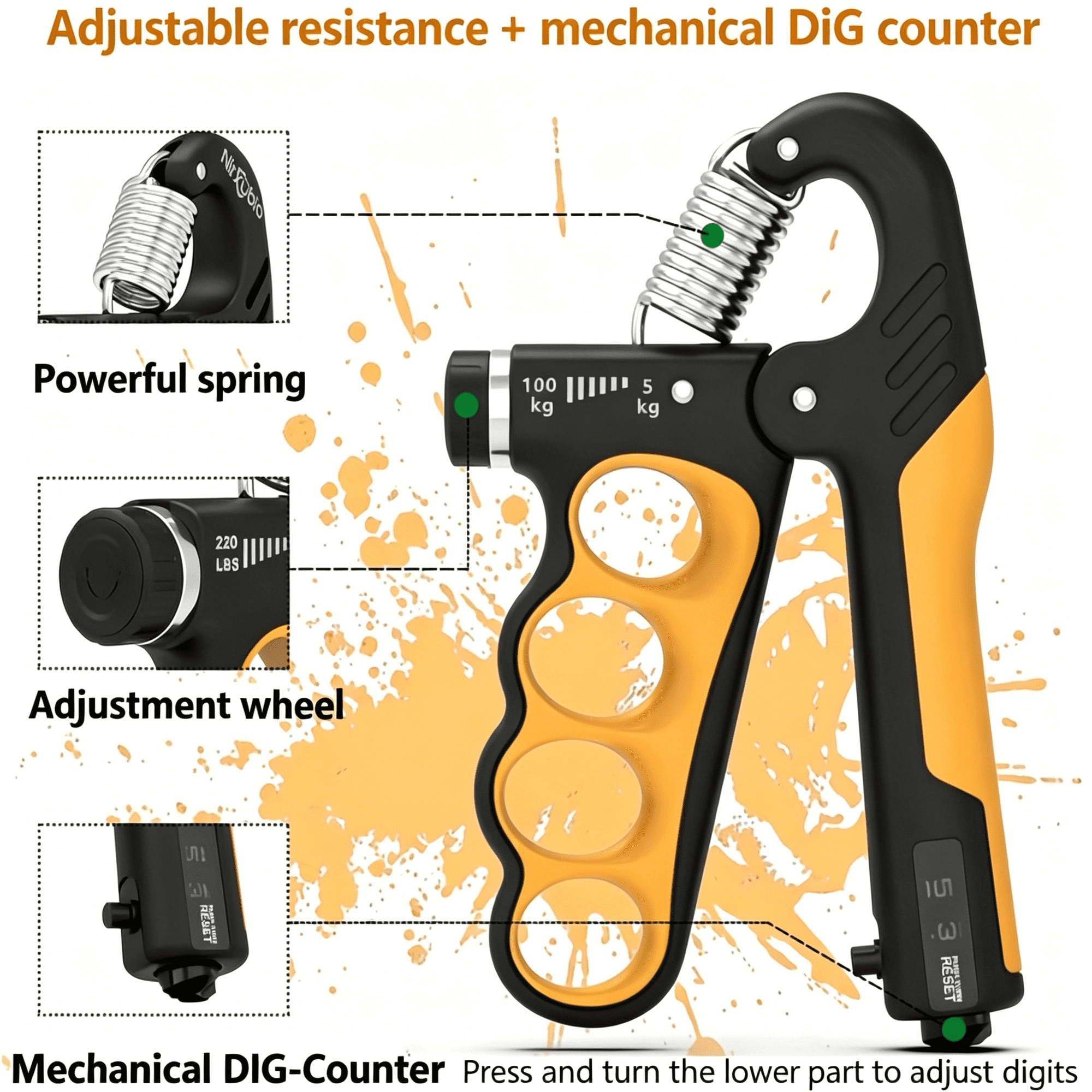 Handtrainer mit einstellbarem Widerstand und mechanischem Zähler, schwarz und gelb.