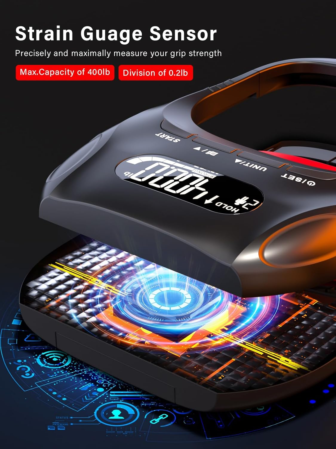 Ein schwarzer Handkraftmesser mit digitalem Display und futuristischem Design.