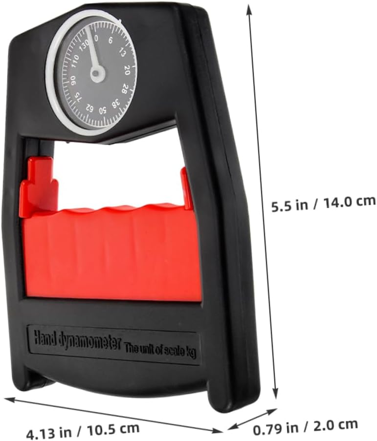 Ein schwarzer Handdynamometer mit rotem Griff und Messgerät. Maße sind angegeben.