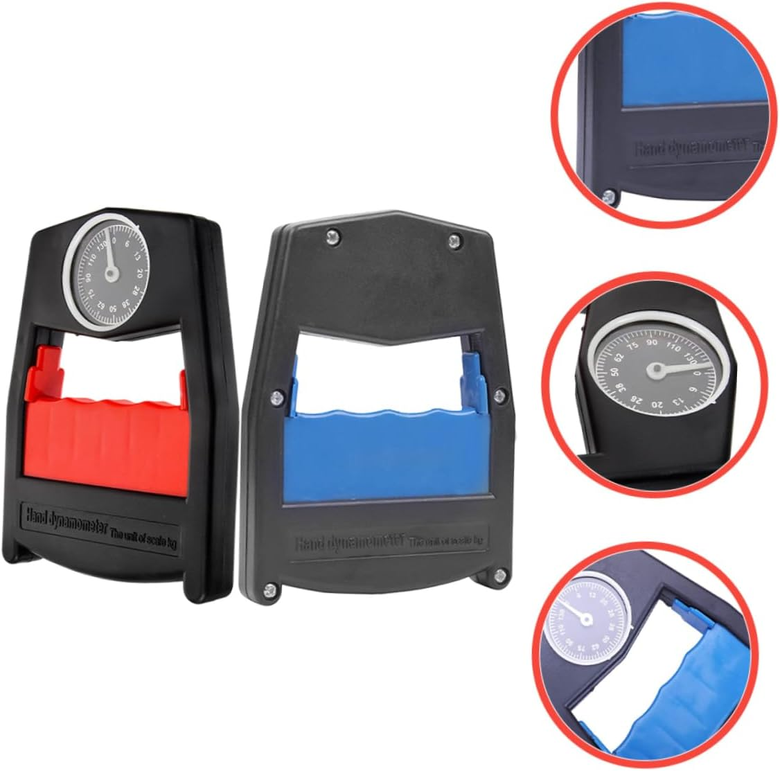 Zwei Handdynamometer, eines rot, eines blau, mit Skalen.