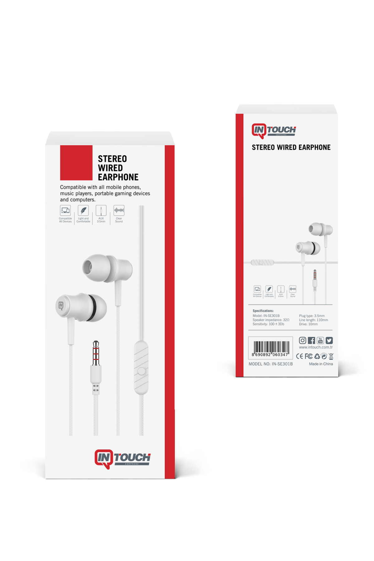 Beyaz stereo kablolu kulaklık, 3,5 mm jaklı, beyaz arka plan üzerinde.
