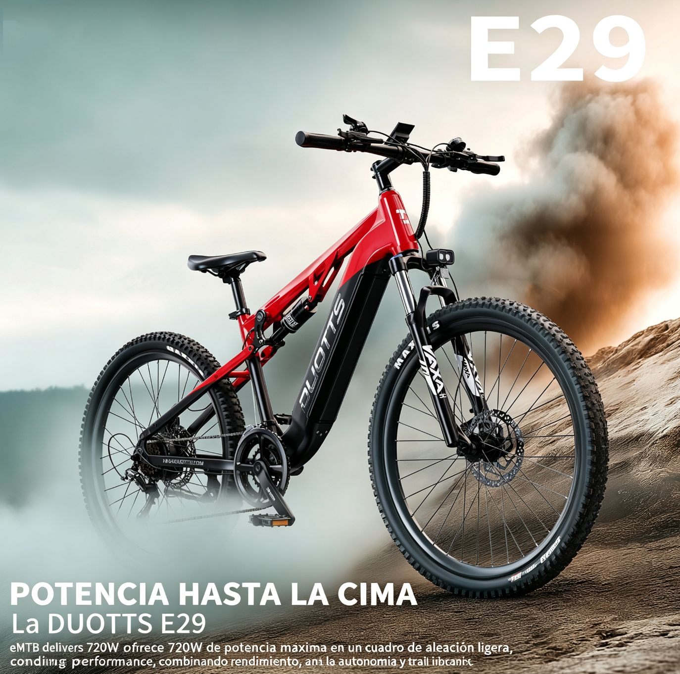 Una e-mountain bike roja y negra se alza en un paisaje polvoriento y montañoso.