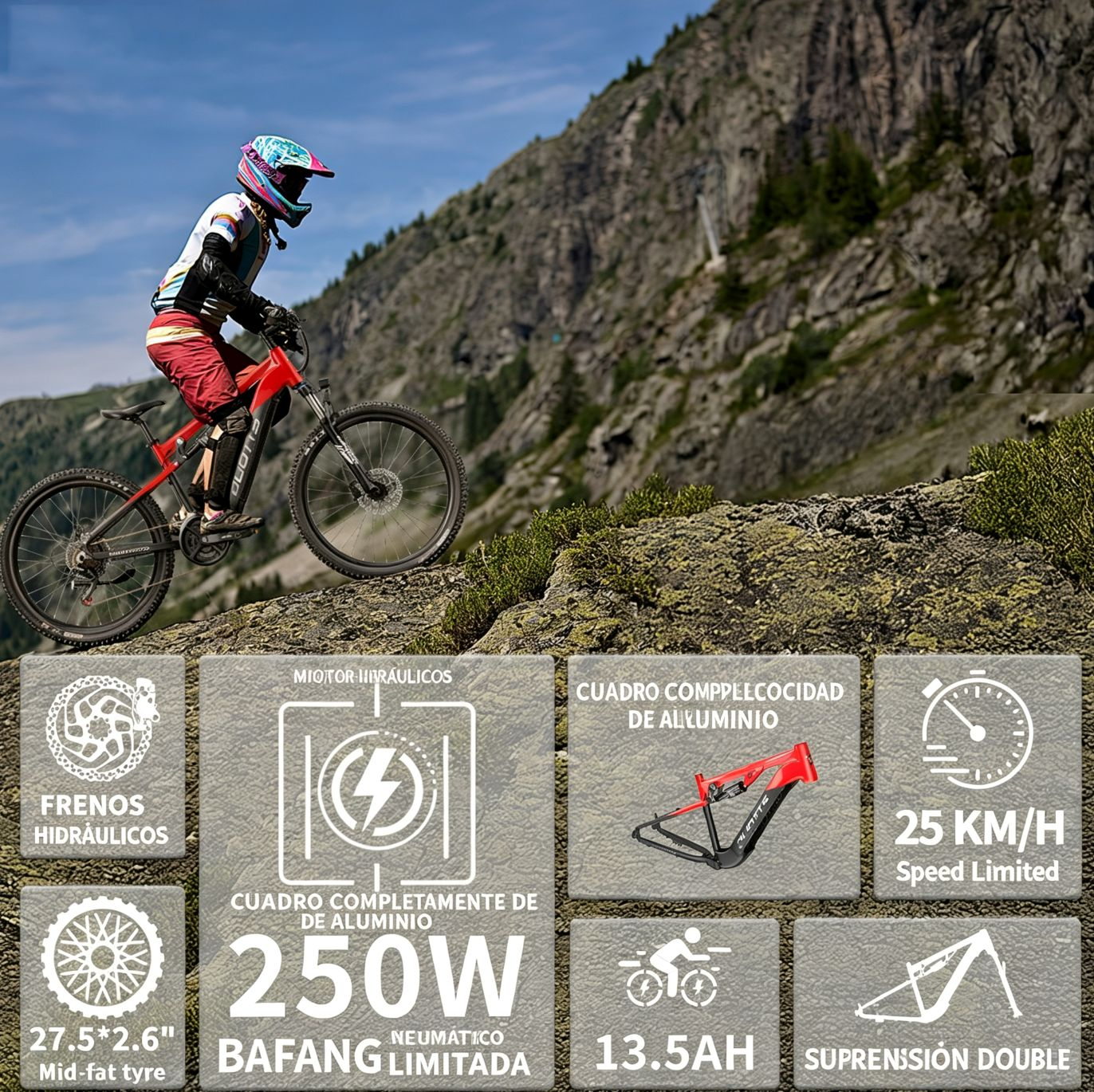 Persona montando una e-MTB roja en terreno rocoso de montaña. Se muestran especificaciones.