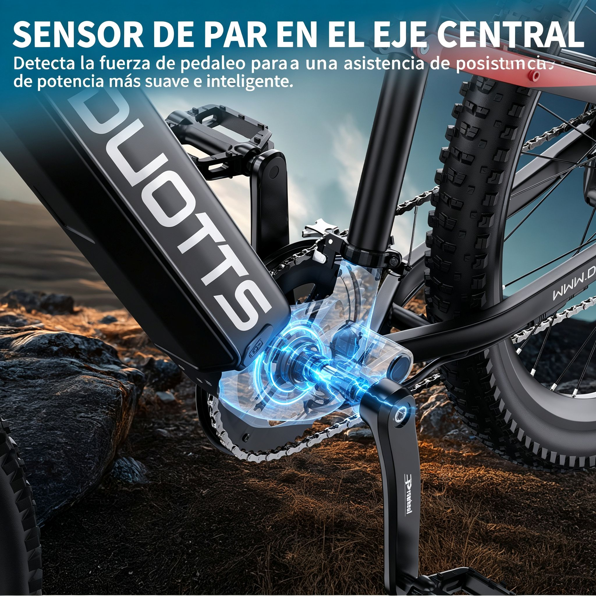 Primer plano del sensor de par del eje central de una e-bike con anillos de energía.