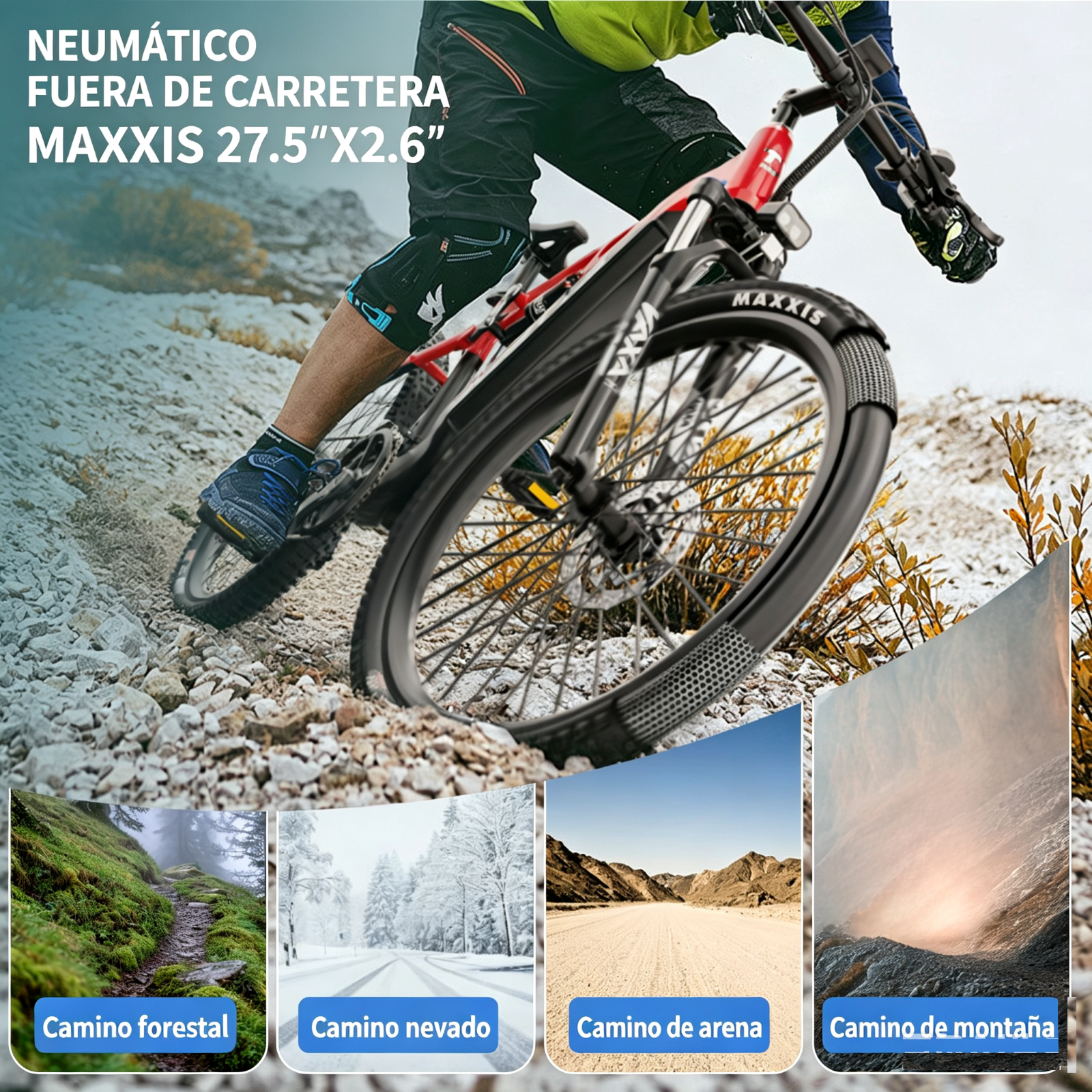Un ciclista de montaña pedalea por un sendero rocoso. Cuatro imágenes pequeñas muestran senderos de bosque, nieve, arena y montaña.