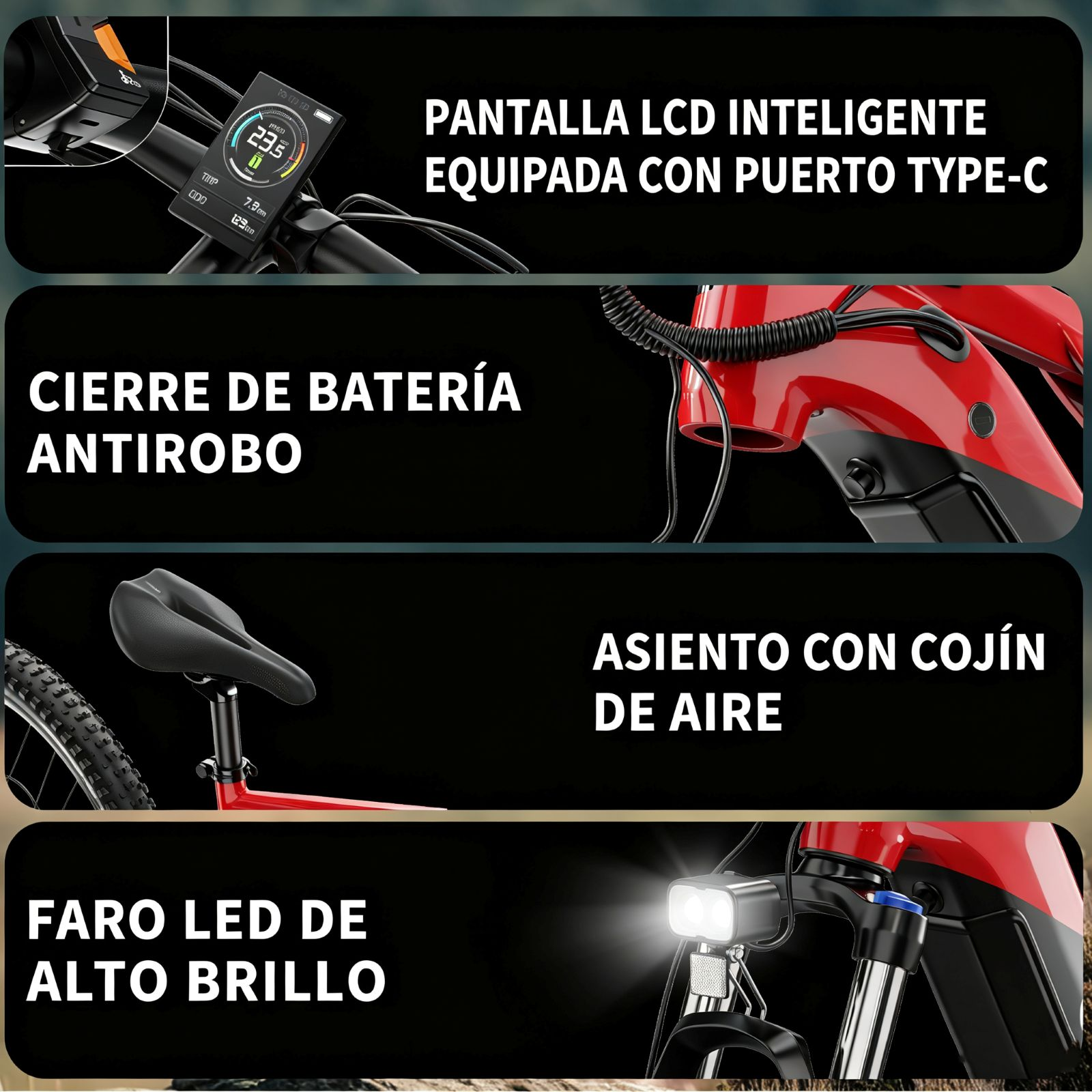 Características de la e-bike: Pantalla LCD inteligente, cierre de batería antirrobo, sillín de aire.